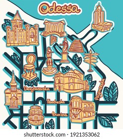 Mapa decorativo de vectores de Odessa, Ucrania. Lugar de la ciudad, los edificios principales