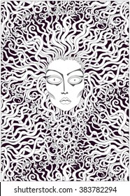 Vector decorative Medusa face, stylized fan shaped hair from serpent. Black, white. Cartoon snake character. Art deco style batik painting. Tattoo contour drawing. Adults coloring book vertical page