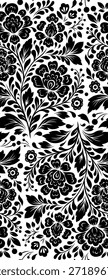 Vector decorative monochrome floral pattern. Slavic ornament with black silhouette of flowers on white background for wallpaper, fabric, and wrapping paper.