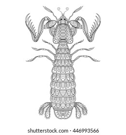 Vector Decorative Monochrome Mantis Shrimp. Marine Creature Isolated On White Background. For Coloring Book