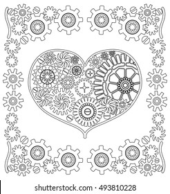 Vector Decorative Monochrome steampunk Heart. Valentine's Day Greeting Card. Mechanism made of cogs and gears. Page of coloring book for children and adults, art therapy. Outline drawing, cogwheels.