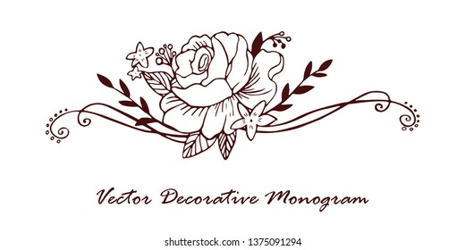 Vector decorative monogram floral outline linear hand drawing