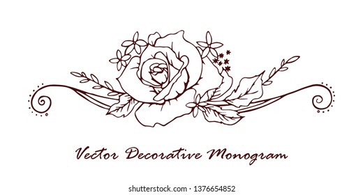Vector decorative monogram floral outline linear hand drawing