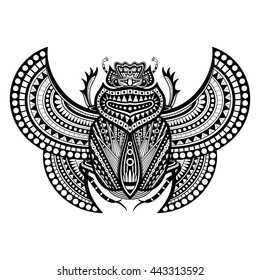 Vector Decorative Monohrome Sacred Scarab Beetle. Black Insect Isolated On White Background. Ancient Egypt