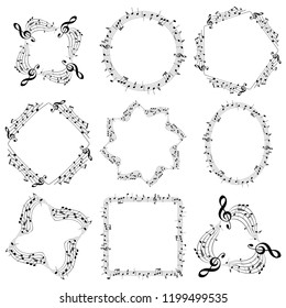 vector decorative music frames with notes - oval square round
