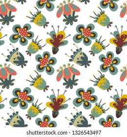 Vector decorative naive decorative fantasy flower and birds pattern