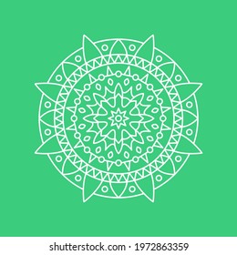 Vector decorative ornament in ethnic oriental style. White mandala on green background. Vector mandala for web, print, mobile. Indian and yoga style mandala. Circular pattern in form of mandala.
