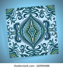 Vector decorative ornament, geometric seamless pattern on blue background