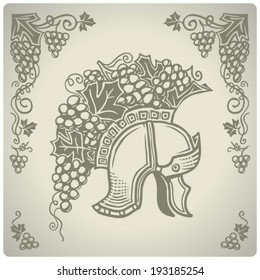 Vector decorative ornament with wine grapes and ancient helmet