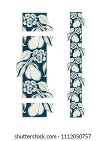 Vector decorative ornamental border with pear tree twig in retro Victorian style with flowers bloom and ripe fruits, art nouveau decoration for design as botanical illustration