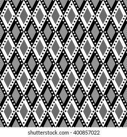 Vector decorative ornamental geometric background with rhombus in black and white colors. Series of Seamless Geometrical Ornamental Patterns. 
