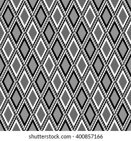 Vector decorative ornamental geometric background with rhombus in black and white colors. Series of Seamless Geometrical Ornamental Patterns. 