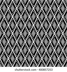 Vector decorative ornamental geometric background with rhombus in black and white colors. Series of Seamless Geometrical Ornamental Patterns. 