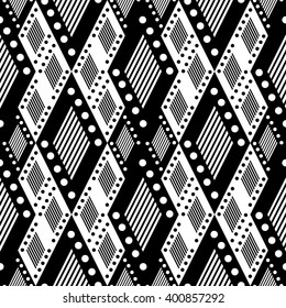 Vector decorative ornamental geometric background with asymmetrical rhombus in black and white colors. Series of Seamless Geometrical Ornamental Patterns. 