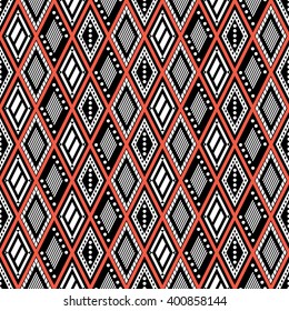 Vector decorative ornamental geometric background with rhombus in black and red colors. Series of Seamless Geometrical Ornamental Patterns. 