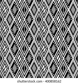 Vector decorative ornamental geometric background with rhombus in black and white colors. Series of Seamless Geometrical Ornamental Patterns. 