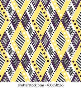 Vector decorative ornamental geometric background with asymmetrical rhombus in yellow and violet colors. Series of Seamless Geometrical Ornamental Patterns. 