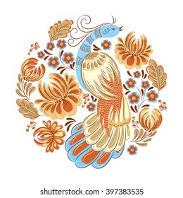 Vector decorative ornamental illustration of bird and flowers in traditional folk style. Ethnic template for fabric, textile, cloth, print, greeting card, wallpaper.
