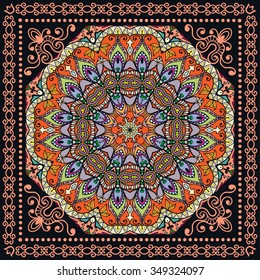 Vector decorative ornate background with floral round ornament and frame border, Mandala geometric pattern. Bandanna fabric print, silk neck scarf or kerchief design.