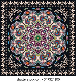 Vector decorative ornate background with floral round ornament and frame border, Mandala geometric pattern. Bandanna fabric print, silk neck scarf or kerchief design.