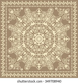 Vector decorative ornate background with floral round ornament and frame border, Mandala geometric pattern. Bandanna fabric print, silk neck scarf or kerchief design.