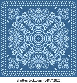 Vector decorative ornate background with floral round ornament and frame border, Mandala geometric pattern. Bandanna fabric print, silk neck scarf or kerchief design.