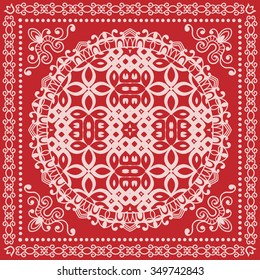 Vector decorative ornate background with floral round ornament and frame border, Mandala geometric pattern. Bandanna fabric print, silk neck scarf or kerchief design.