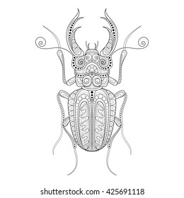 Vector Decorative Ornate Beetly, Lucanus Cervus. Monochrome Illustration of Exotic Insect. Patterned Design Element