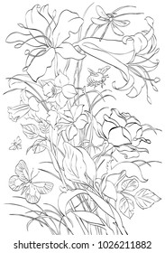Vector decorative outline composition of flowers and flying insects. Line art coloring page