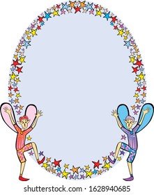 Vector decorative oval frame from colorful festive stars and cheerful elves