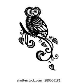 Vector Decorative Owl on Ornate Branch. Bird Tattoo Design