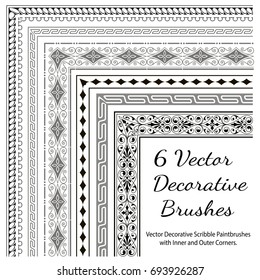 Vector Decorative Paintbrushes with Inner and Outer Corners. Seamless Borders for Patterned Frames.