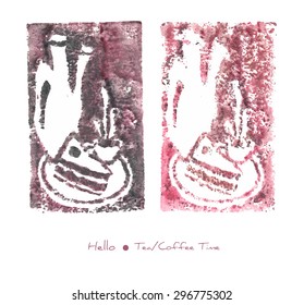 A vector decorative painting of a teapot (or a coffee pot) and a cake and a cup of tea (or coffee) on a plate made as two imprints from a watercolor linocut