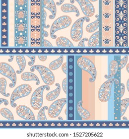 Vector decorative paisley border. Indian floral horizontal seamless pattern. Blue and pink paisley border. Design for wrapping paper, textile, fabric, border, web