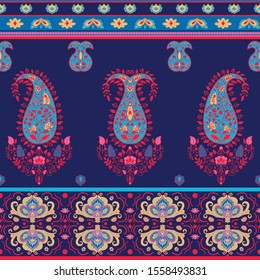 Vector decorative paisley border. Indian floral horizontal seamless pattern. Blue and pink paisley border.  