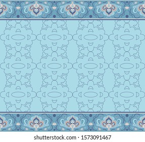 Vector decorative paisley border. Indian floral horizontal seamless pattern. Blue and pink paisley border