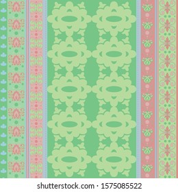 Vector decorative paisley border. Indian floral horizontal seamless pattern. Blue and pink paisley border