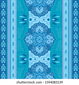 Vector decorative paisley border. Indian floral horizontal seamless pattern. Blue and pink paisley border