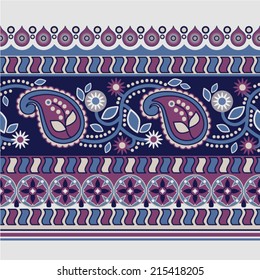 Vector decorative paisley border. Indian floral horizontal seamless pattern. Blue stylized flowers and paisley border. Design for wrapping paper, textile, fabric, border, web