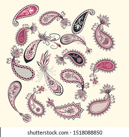 Vector decorative Paisley, floral elements. Isolated floral design elements in ethnic Oriental style.