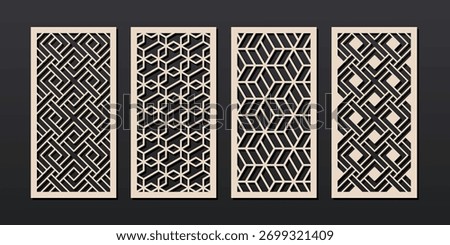 Vector decorative panels with abstract geometric pattern. Cutout design for home interior decor, privacy screen, wall art, room divider, paper art. Template for laser, cnc, plasma and plotter cutting
