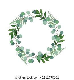 Vector decorative pastel green round frame, wreath with leaves and branches for invitation or greeting card isolated on white background
