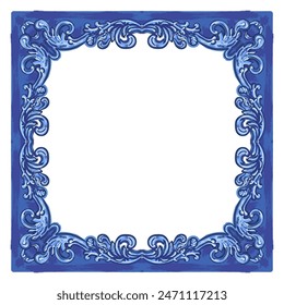 Vector decorative pattern blue and white design with frame or border. Baroque Vector mosaic.