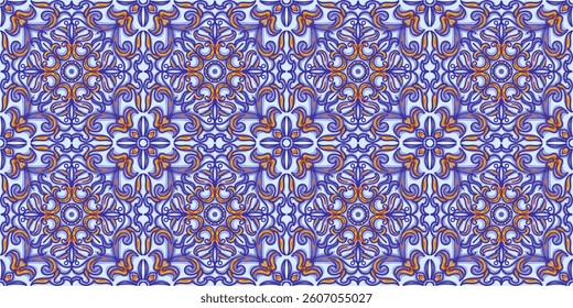 Vector decorative pattern blue and white design with frame or border. Baroque Vector mosaic. Traced watercolo. Capri Majolica	
