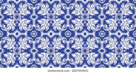 Vector decorative pattern blue and white design with frame or border. Baroque Vector mosaic. Traced watercolo. Capri Majolica	

