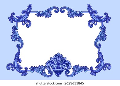 Vector decorative pattern blue and white design with frame or border. Azuleju. Baroque Vector mosaic