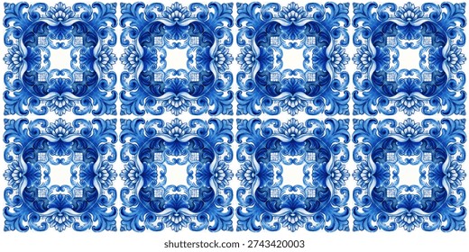 Vector decorative pattern blue and white design with frame or border. Baroque Vector mosaic. Traced watercolo. Capri Majolica