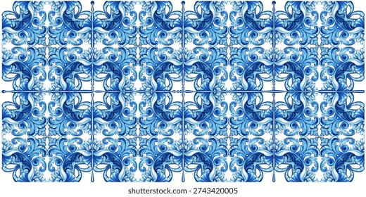 Vector decorative pattern blue and white design with frame or border. Baroque Vector mosaic. Traced watercolo. Capri Majolica