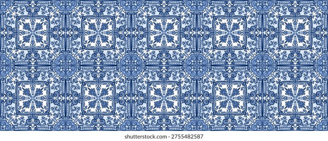 Vector decorative pattern blue and white design with frame or border. Baroque Vector mosaic. Traced watercolo. Capri Majolica	