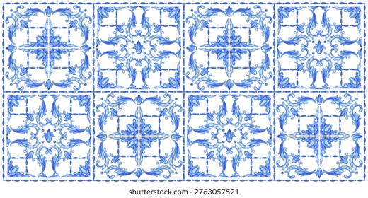 	
Vector decorative pattern blue and white design with frame or border. Baroque Vector mosaic. Traced watercolo. Capri Majolica	
